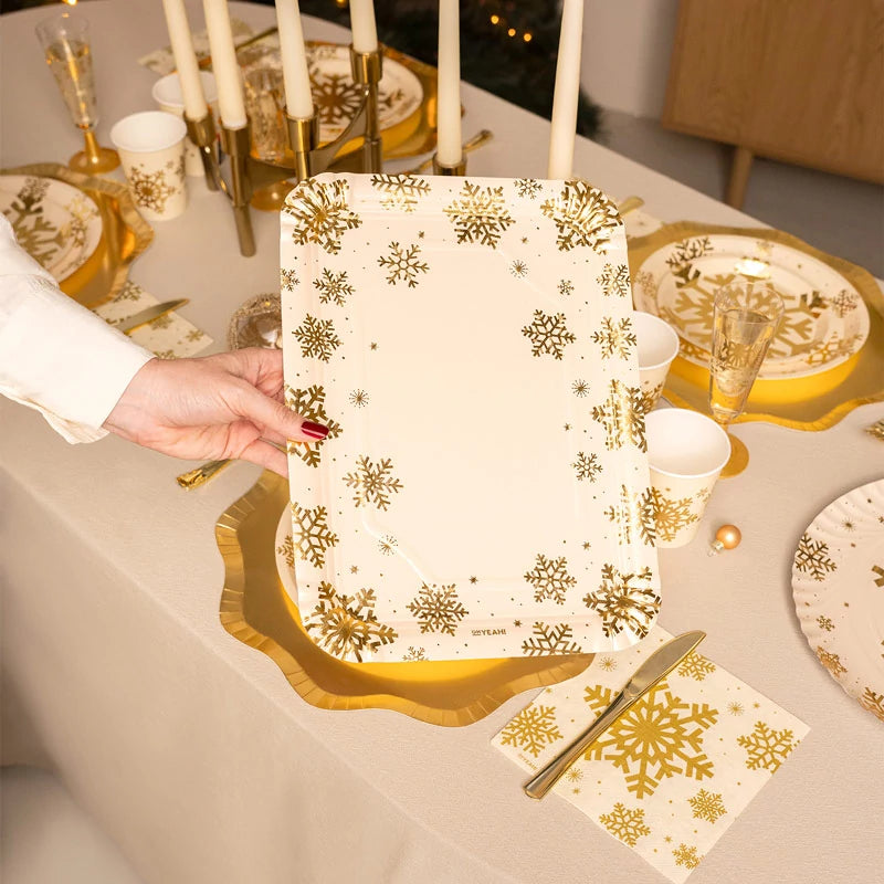 Christmas Cardboard Rectangular Tray 25 x 34 cm Snowflake Gold Glitter