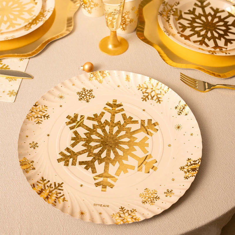 Bandeja Redonda Cartón Navidad Ø 30 cm Copo de Nieve Oro Glitter