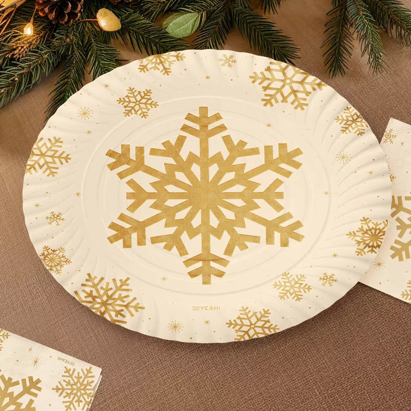 Bandeja Redonda Cartón Navidad Ø 30 cm Copo de Nieve Oro Glitter