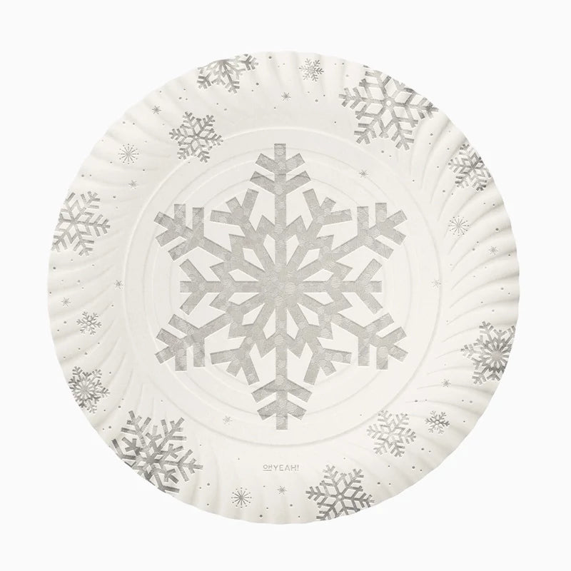 Plateau de Noël rond en carton Ø 30 cm Flocon de neige Argent Pailleté