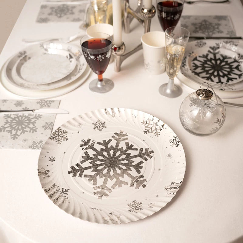 Plateau de Noël rond en carton Ø 30 cm Flocon de neige Argent Pailleté