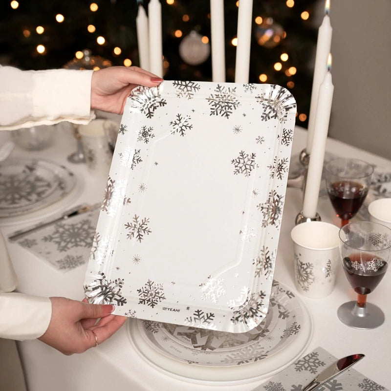 Bandeja Rectangular Cartón Navidad 25 x 34 cm Copo de Nieve Plata Glitter