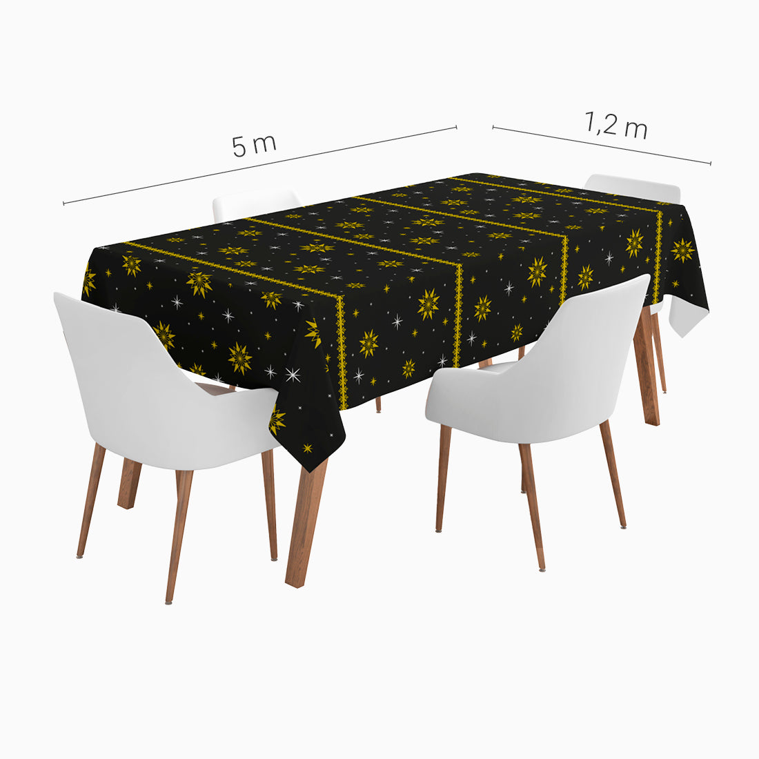 Silvester-Tischdeckenrolle 1,20 x 5 m schwarz mit goldenem Stern-Aufdruck für elegante Partys – Oh Yeah!