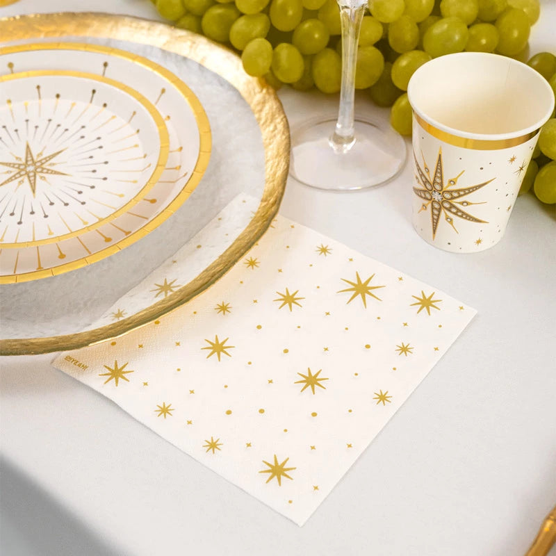 Servilleta Papel Doble Capa Navidad 33 x 33 cm Blanco y Dorado Estrellas