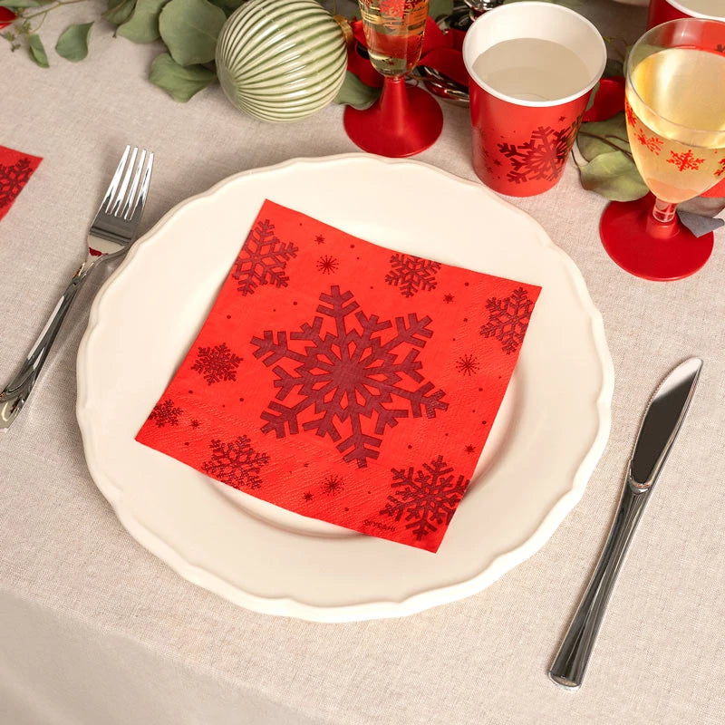 Tovagliolo di carta natalizio a doppio strato 33 x 33 cm Fiocco di neve rosso glitterato