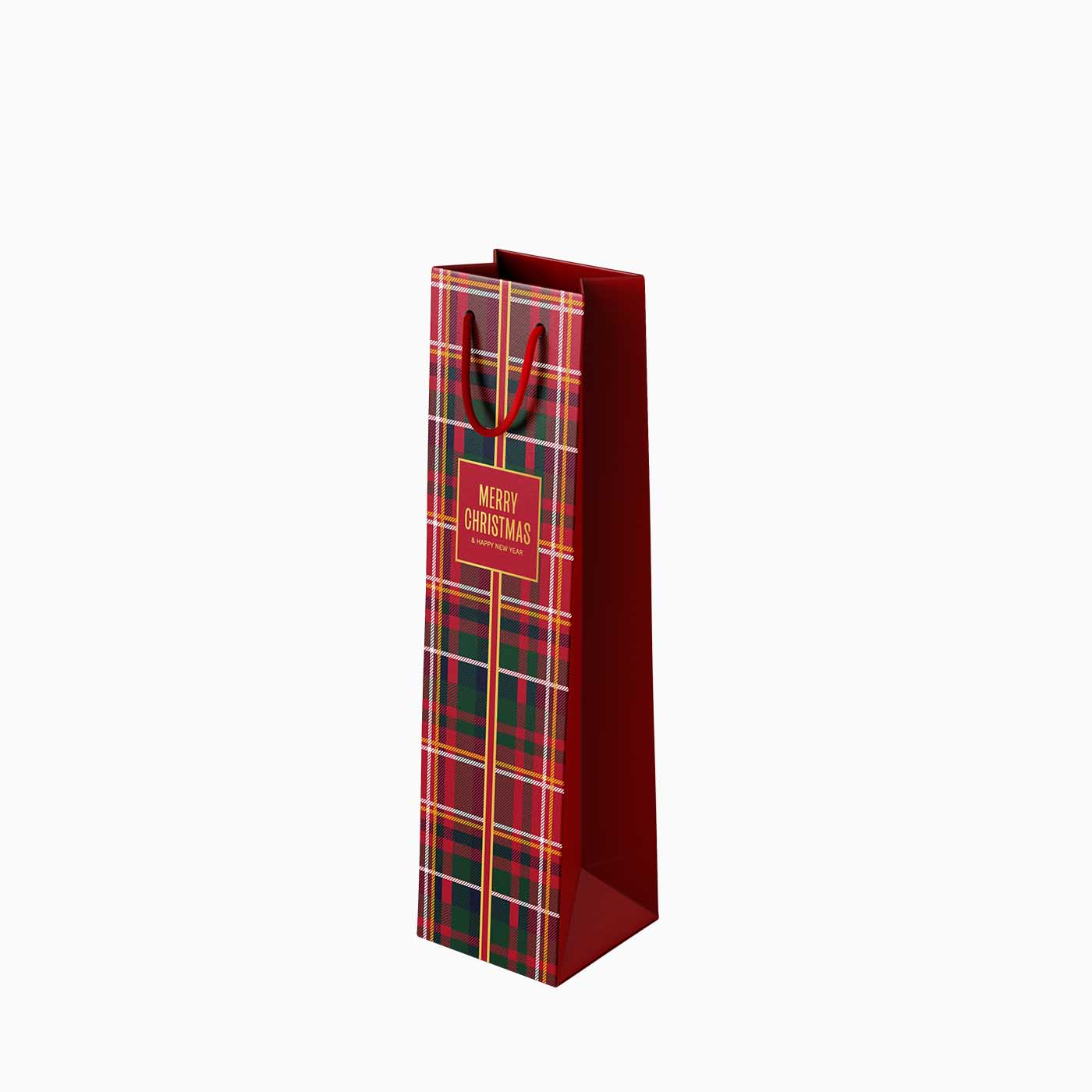 Christmas Cardboard Wine Bottle Gift Bag 10 x 8 x 35 cm Tartan