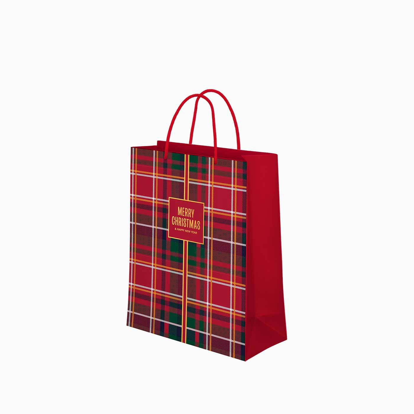 Petit sac cadeau de Noël en carton 18 x 10 x 24 cm Tartan