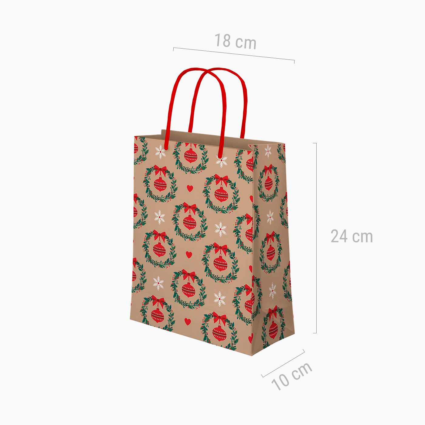 Kleine Weihnachts-Geschenktüte aus Pappe, 18 x 10 x 24 cm, Weihnachtskranz
