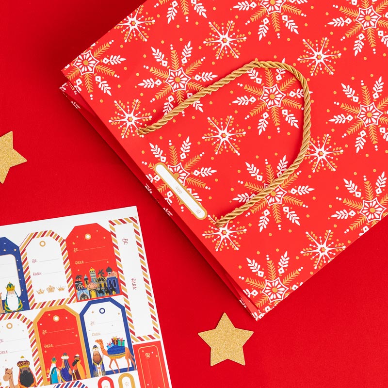 Mittlere Weihnachts-Geschenktüte aus Pappe, 26 x 10 x 32 cm, rote Schneeflocke