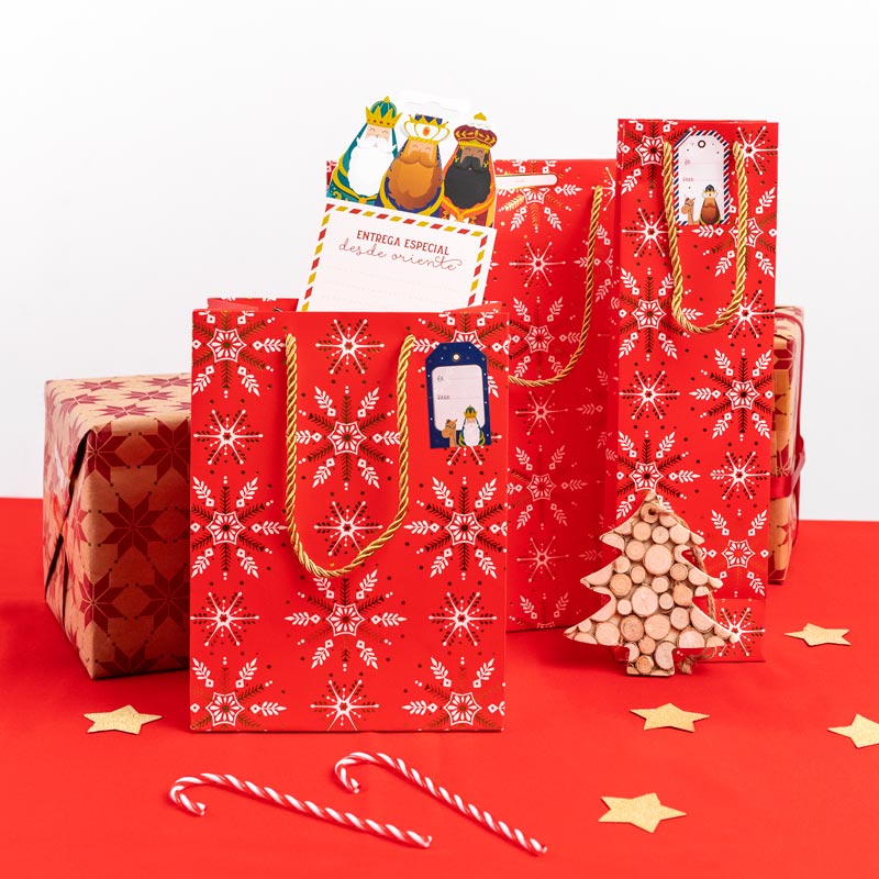 Mittlere Weihnachts-Geschenktüte aus Pappe, 26 x 10 x 32 cm, rote Schneeflocke