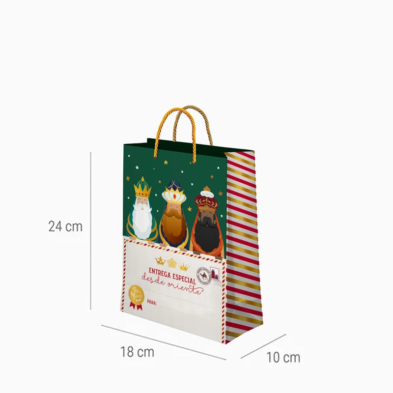 Bolsa Regalo Navidad Pequeña 18 x 10 x 24 cm Reyes Magos Carta Verde