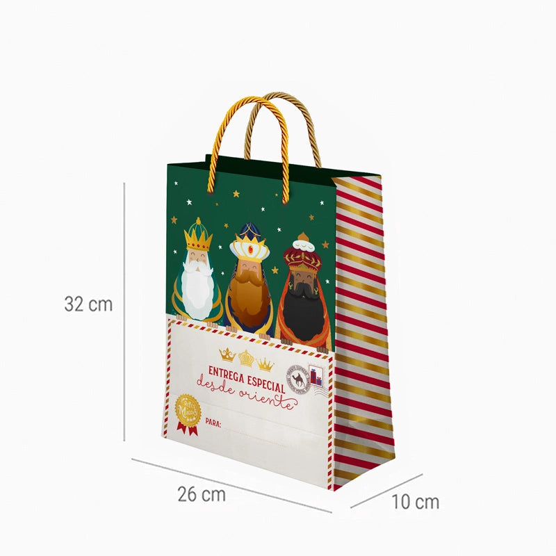 Bolsa Regalo Navidad Mediana 26 x 10 x 32 cm Reyes Magos Carta Verde
