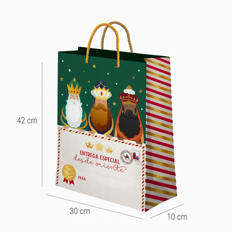 Bolsa Regalo Navidad Grande 30 x 10 x 42 cm Reyes Magos Carta Verde