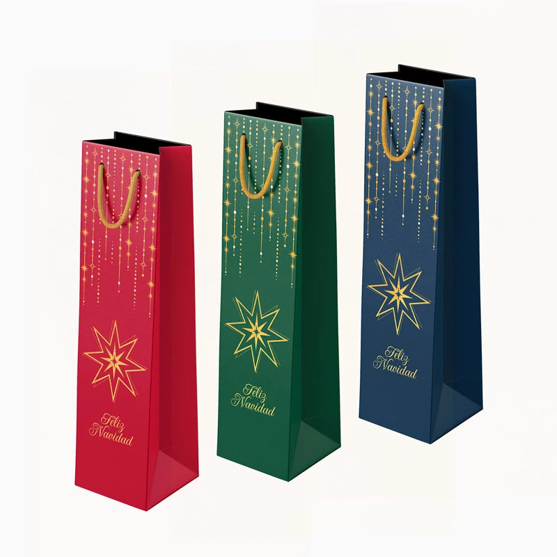Bolsas Regalo Botella Vino Cartón Navidad 8 x 10 x 35 cm Feliz Navidad