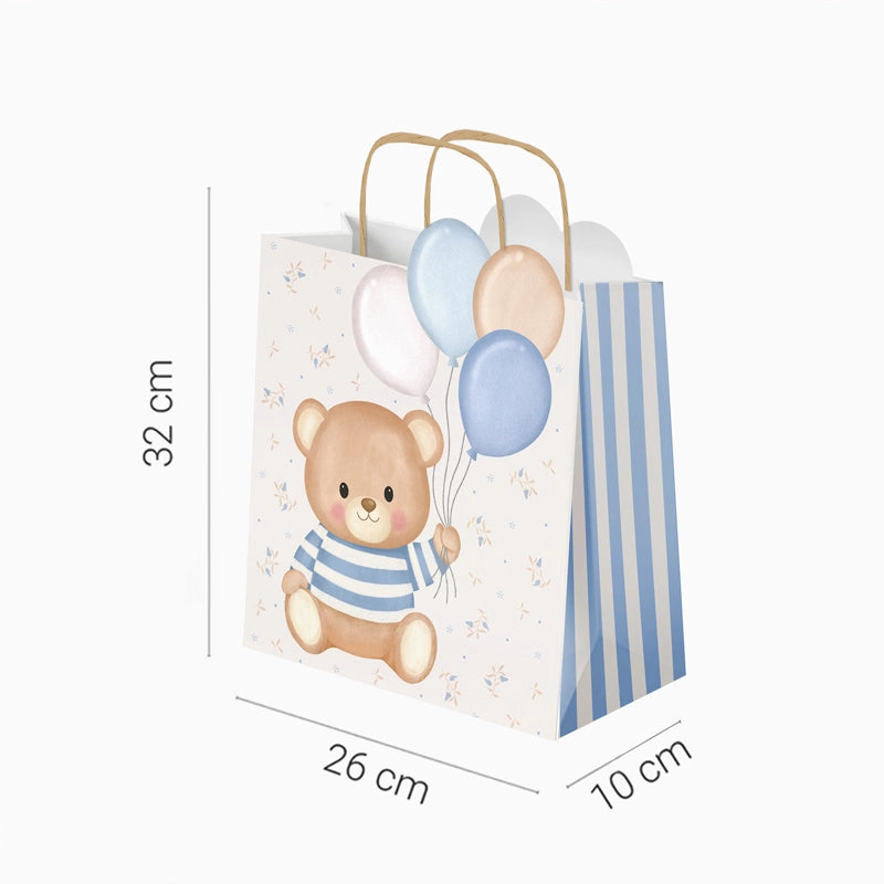 Borsa regalo media in cartone 26 x 10 x 32 cm Orsetto celeste con palloncini