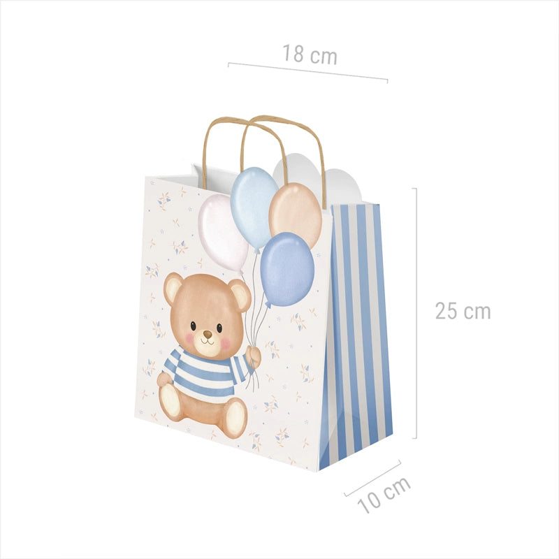 Kleine Geschenktüte aus Pappe, 18 x 10 x 24 cm, babyblauer Bär mit Luftballons