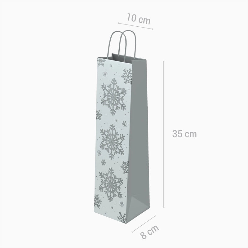 Sacos de presente para garrafa de vinho de papelão de Natal 10 x 8 x 35 cm Floco de neve brilhante