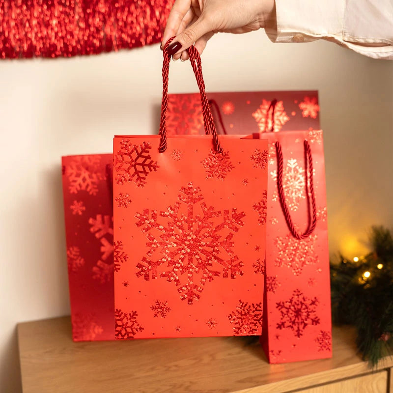 Sacchetti regalo natalizi medi in cartone 26 x 10 x 32 cm Fiocco di neve glitterato
