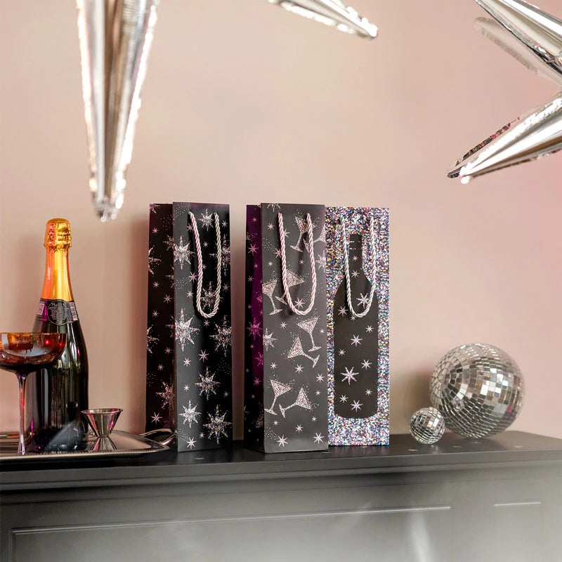 Bolsas Regalo Botella Vino Cartón Navidad 10 x 8 x 35 cm Estrellas de Nochevieja
