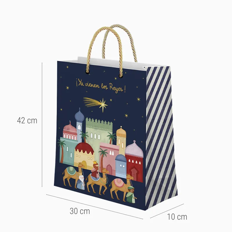 Bolsa Regalo Grande Cartón Navidad 30 x 10 x 42 cm Azul Petit Reyes Magos