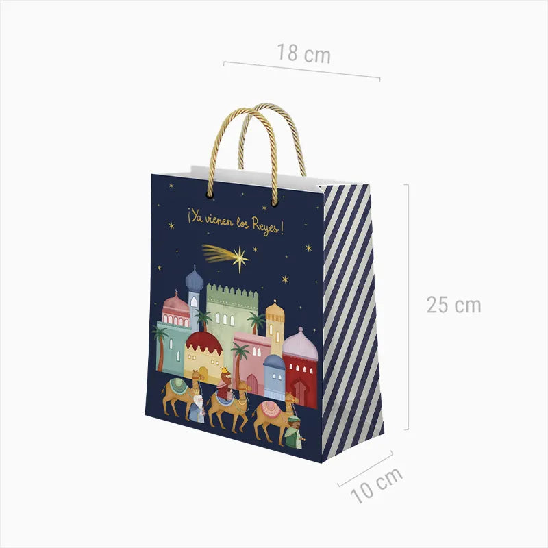 Bolsa Regalo Pequeña Cartón Navidad 18 x 10 x 24 cm Azul Petit Reyes Magos