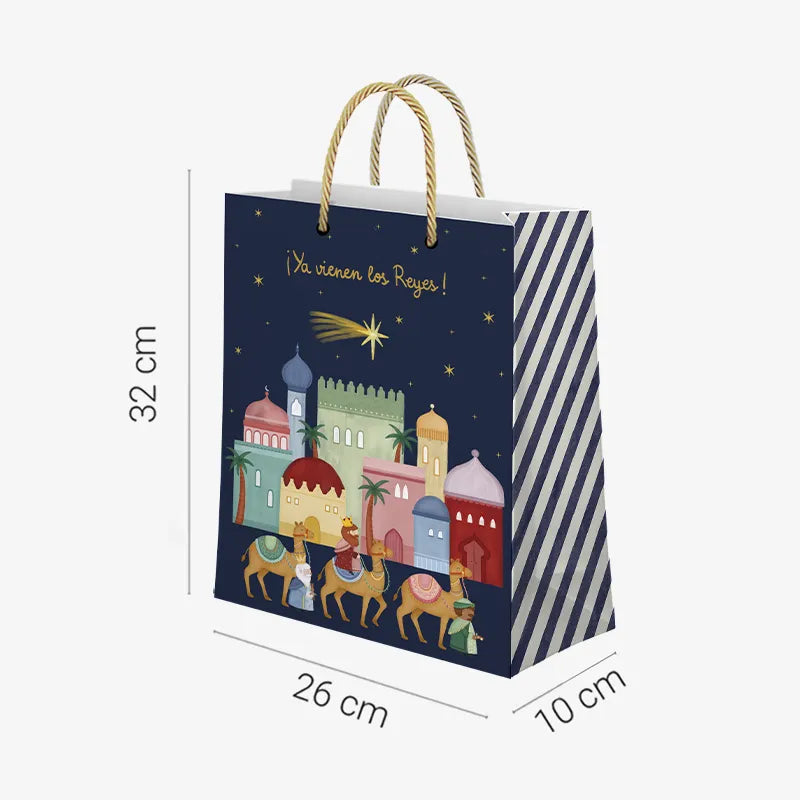 Bolsa Regalo Mediana Cartón Navidad 26 x 10 x 32 cm Azul Petit Reyes Magos