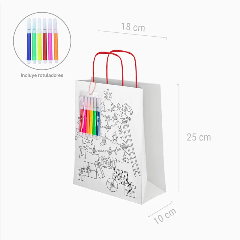 Bolsa Regalo Pequeña Cartón Navidad 18 x 10 x 24 cm + Rotuladores para Colorear ¡Llega Papá Noel!