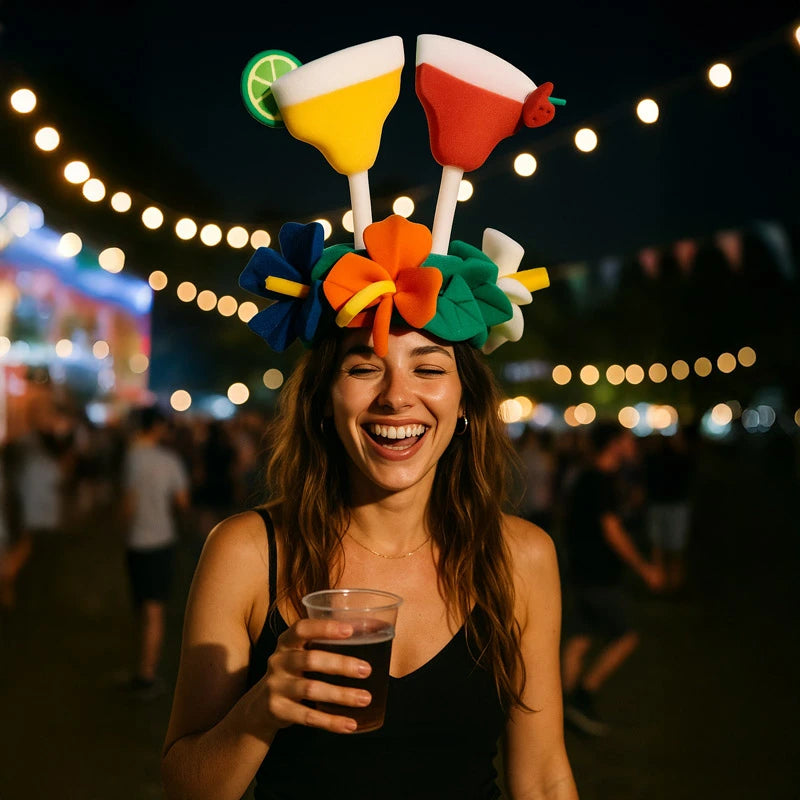 Flores de chapéu de borracha de espuma gigante com copos de coquetel