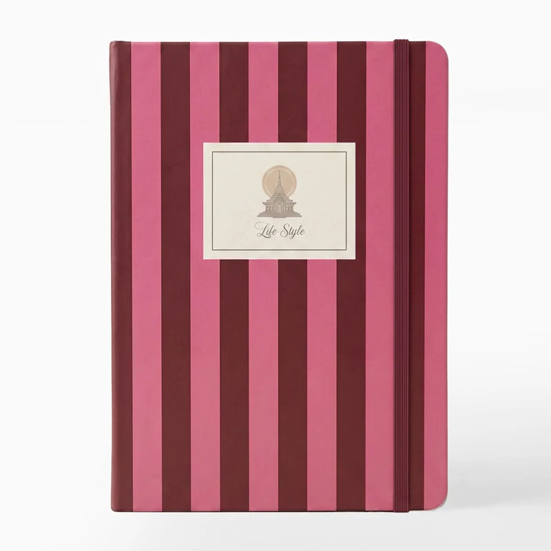 Libreta con Goma 13 x 1.5 x 19 cm Rayas Granate y Rosa