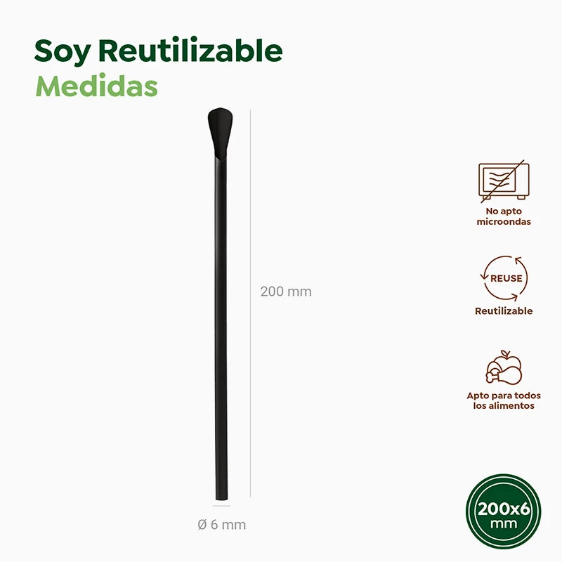 Inspiracion con Pajita Cuchara Plástico PP Reutilizable 20 cm Negro