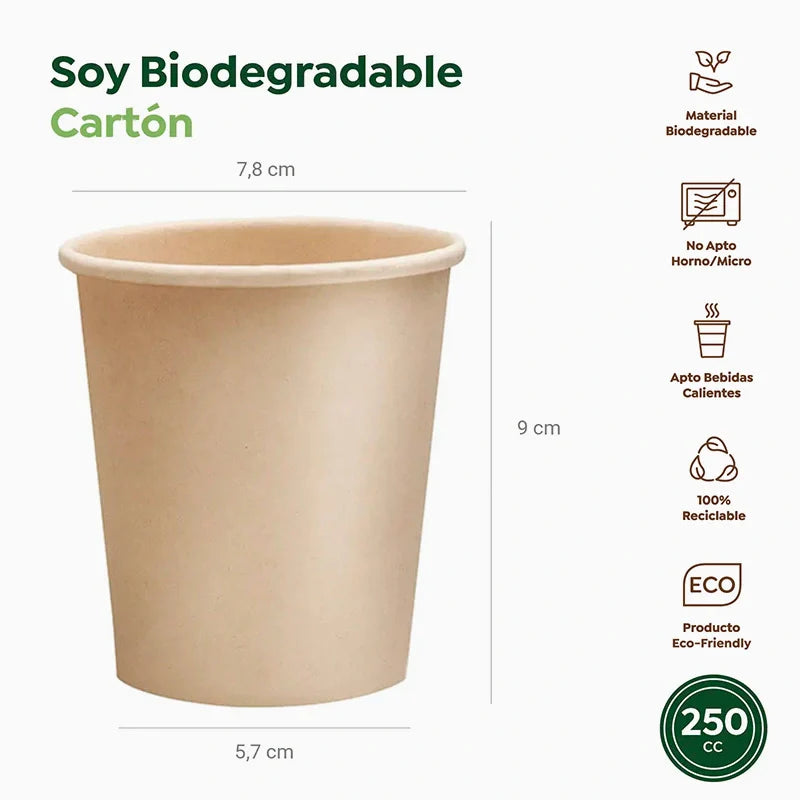 Vaso Cartón + PE Tapa Drink 250 cc kraft Take Away (50 uds)