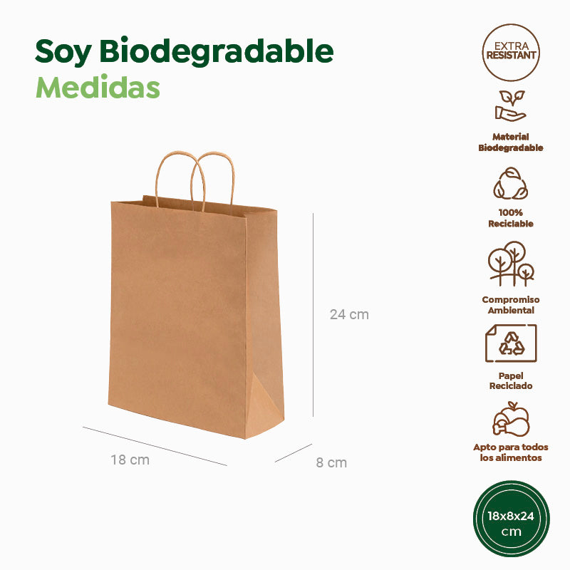 Sac en Papier Kraft 18 x 8 x 24 cm avec Poignée Bouclée (50 unités)