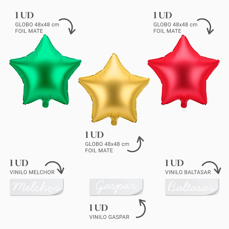 Set Globos Foil Estrella Nombres Reyes Magos Vinilo Blanco