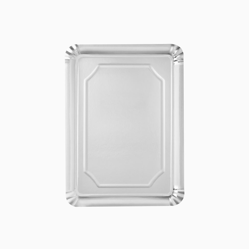 Pequena bandeja de papelão retangular metálica 22 x 28 cm de prata
