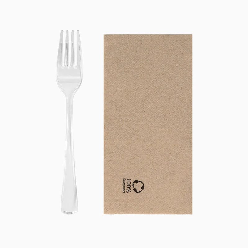 Fourchette réutilisable en plastique PS 18,5 cm transparente avec serviette kraft