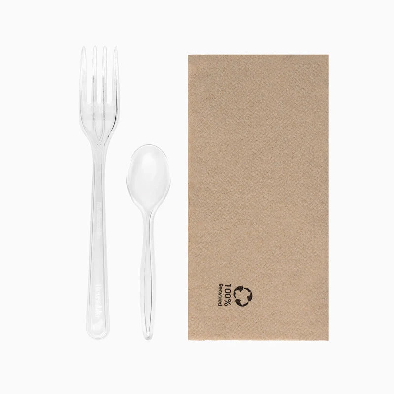 Set fourchette à dessert + cuillère réutilisables en plastique PS 18,5 cm transparent avec serviette kraft (1 unité)