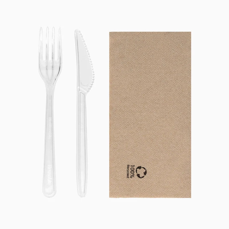 Set Tenedor + Cuchillo Plástico PS Reutilizable 18.5 cm Transparente con Servilleta Kraft