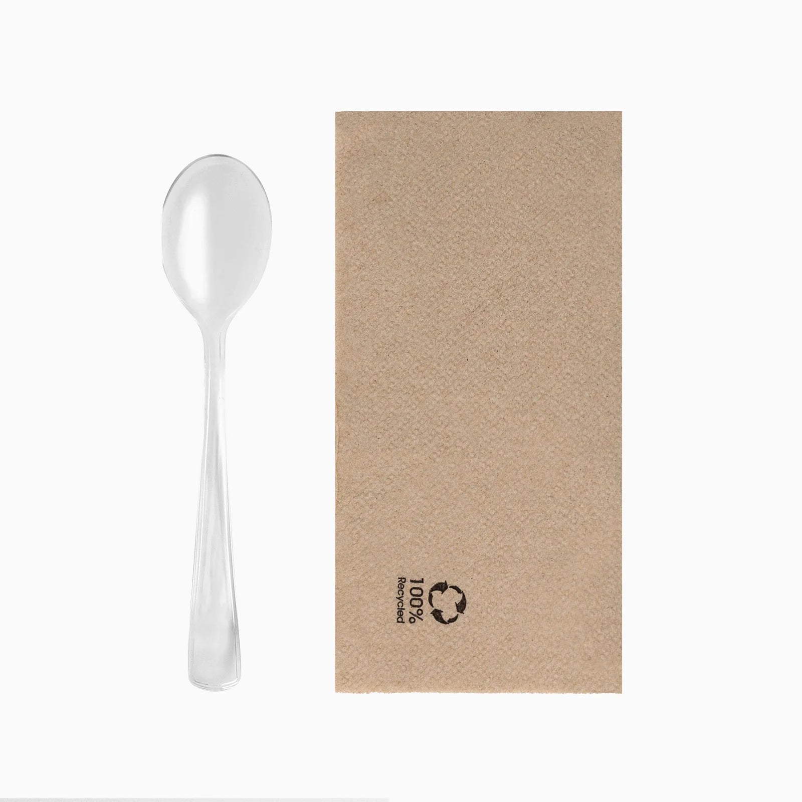 Cuchara Plástico PS Reutilizable 17.5 cm Transparente + Servilleta Kraft