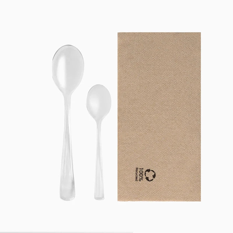 Set Cuchara + Cucharita Postre Plástico PS Reutilizable 17.5 cm Transparente con Servilleta Kraft