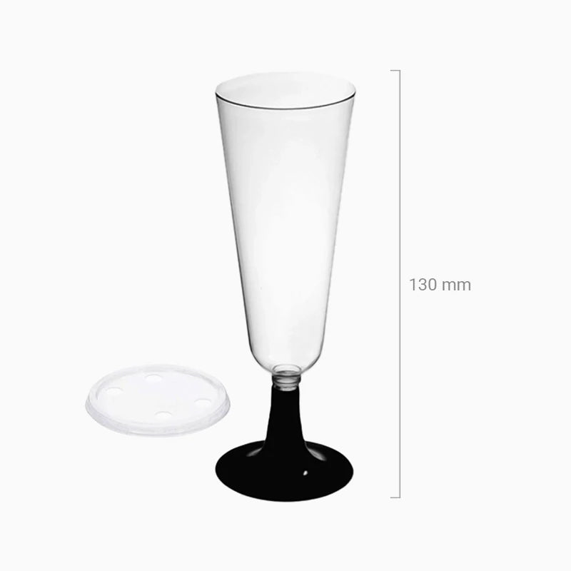 Inspiracion con Wiederverwendbarer Cava-Becher aus PP-Kunststoff, 150 ml, mit schwarzem, transparentem Deckel (50 Stück)