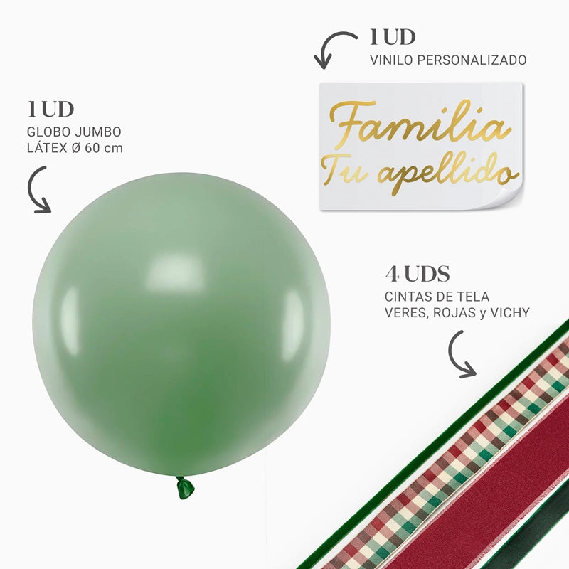 Globo Jumbo 60 cm Verde con Telas Familia X Vinilo Oro