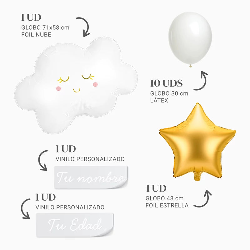 Personalisiertes Wolkenballon-Set mit Namen und Alter, weißes Vinyl