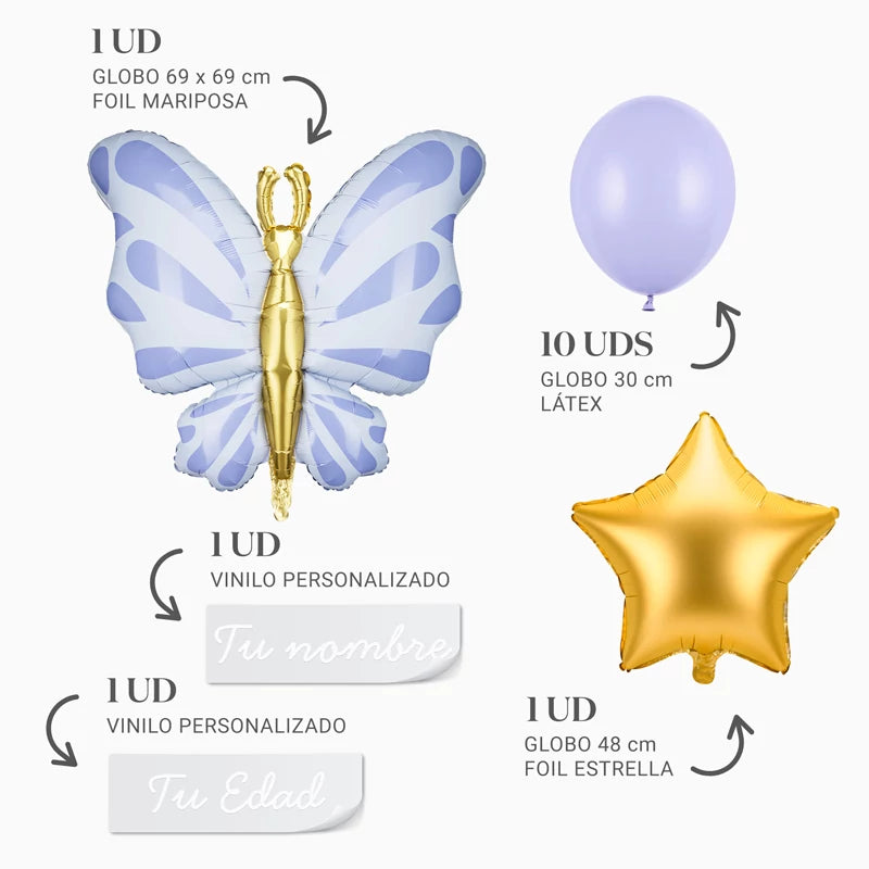 Personalisiertes Schmetterlingsballon-Set mit Namen und Alter, weißes Vinyl