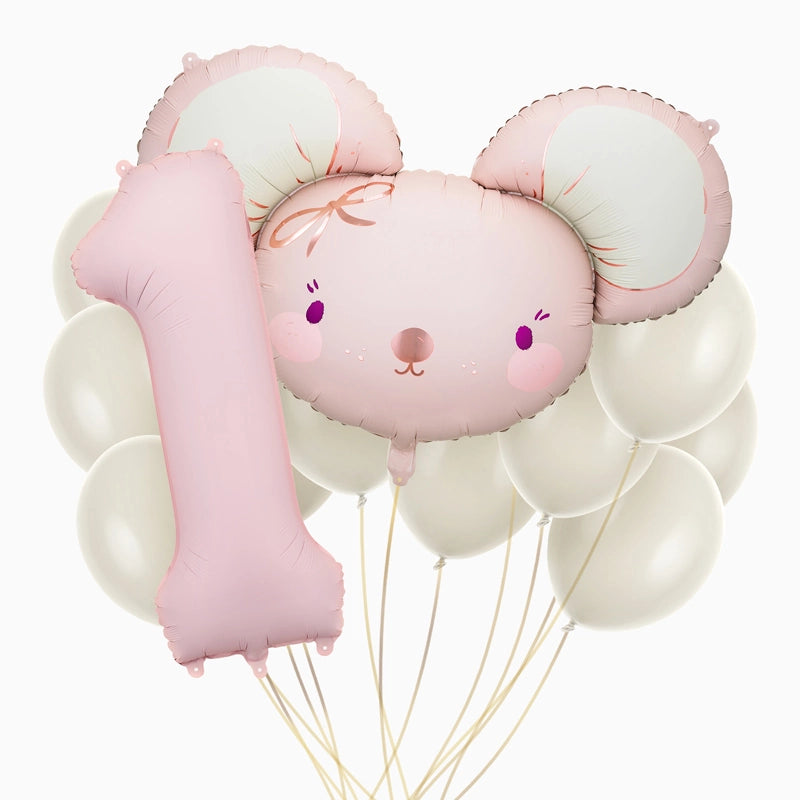 Conjunto de balões de rato de folha rosa de primeiro aniversário