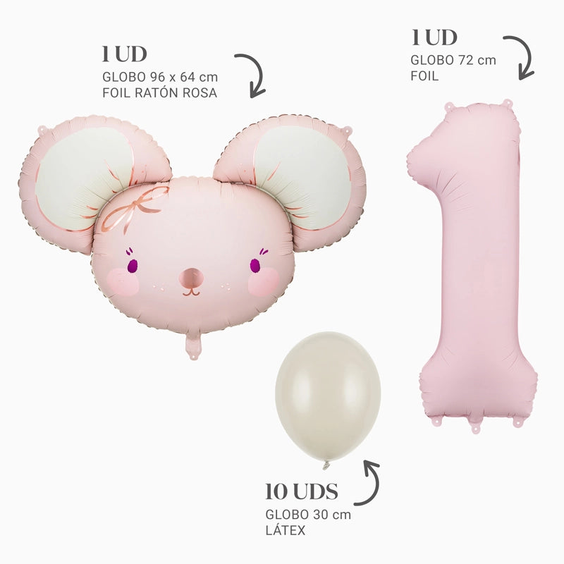 Conjunto de balões de rato de folha rosa de primeiro aniversário