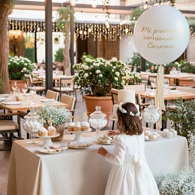 Jumbo Balloon 60 cm Pastel White Vichy Fabrics and Ocher Floral Personalized Vinyl Gold Communion