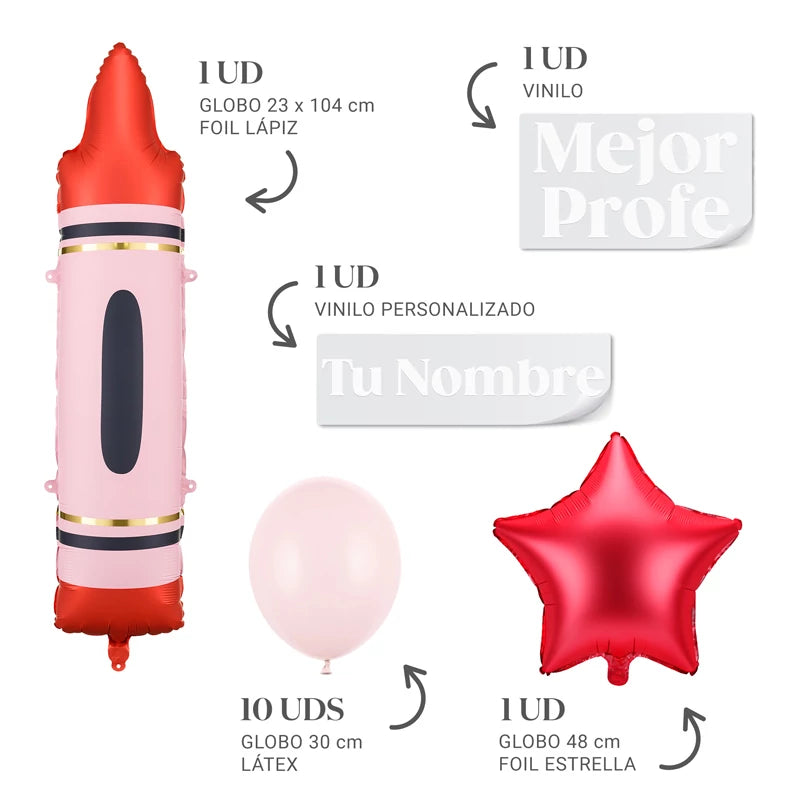 Inspiracion con Set Globos Profe Personalizado Nombre Vinilo Blanco