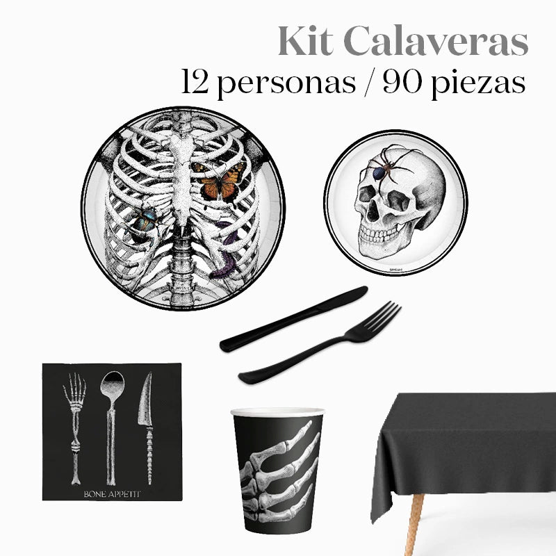 Kit Mesa Premium Calavera 12 Personas 90 piezas