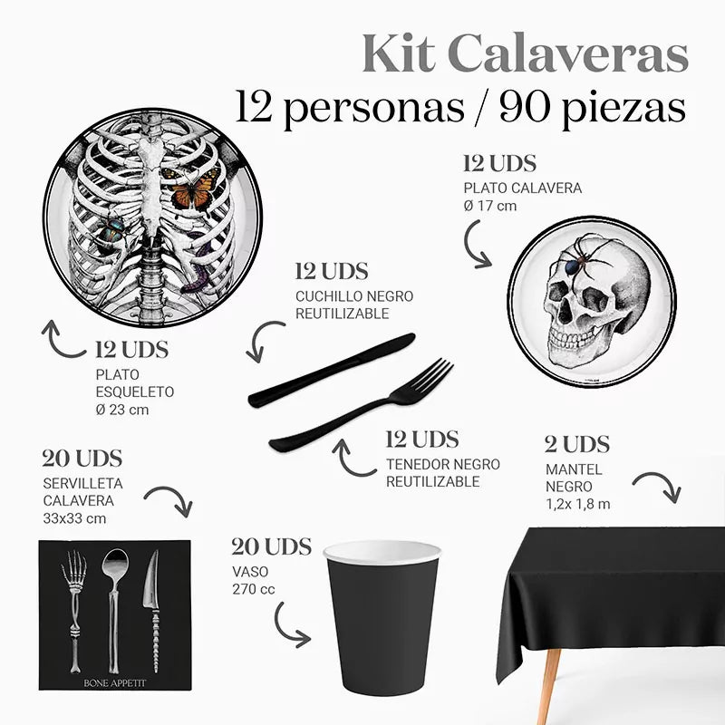 Inspiracion con Kit Tavolo Teschio Premium 12 Persone 90 pezzi