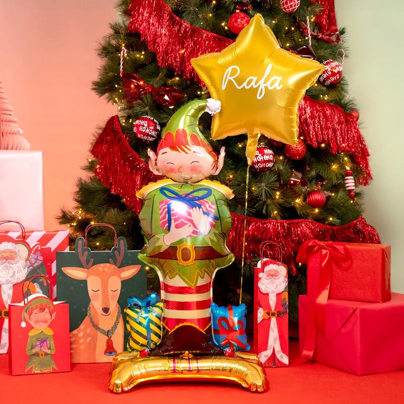 Globo con Base Foil Elfo Travieso con Estrella Oro Nombre Personalizado Vinilo Blanco